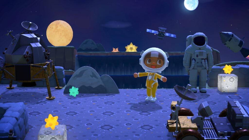 Animal Crossing screenshot showing an astronaut in a space-themed landscape.