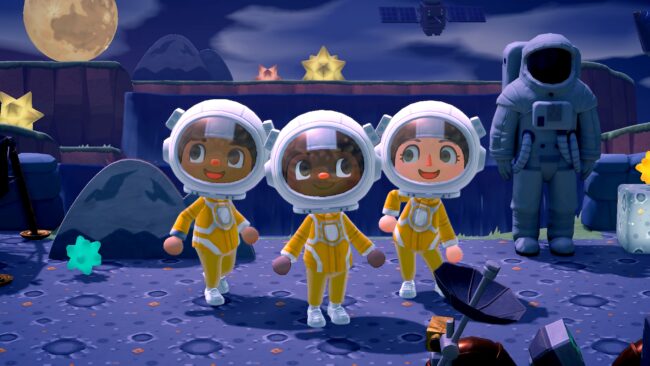 Three astronauts in Omnipod Bay's space landscape.